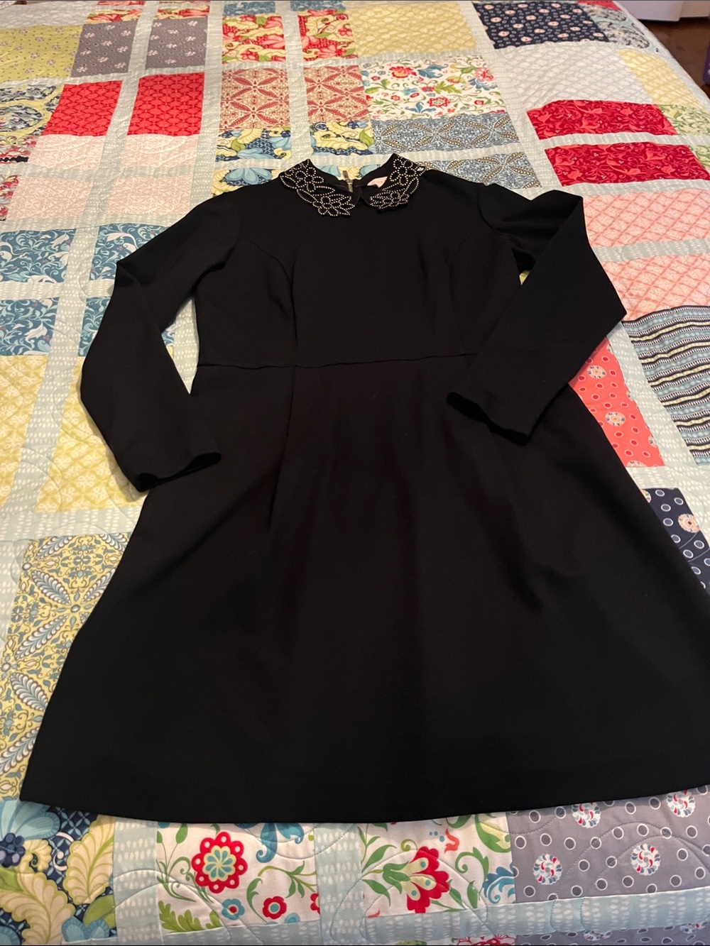 Ted Baker London Black Long-Sleeve Fit-and-Flare Dress with Embroidered Collar